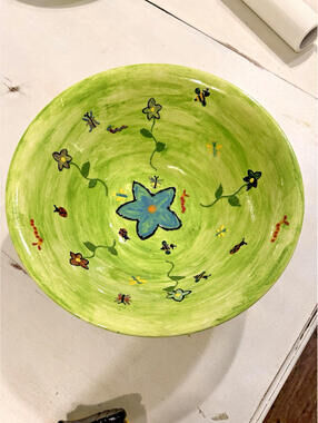 Decorative handmade pottery Green glazed Floral Bowl- signed